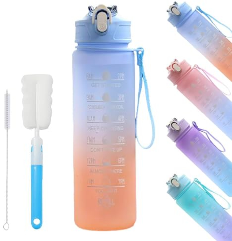 YekouMax Botella Agua 750ml, Botella Gym sin BPA, Garrafa Agua con Pajita, Botella de Agua Deportiva para Gimnasio, Fútbol, Cantimplora, Colegio, Madre, Niña, Niño (Azul Degradado)