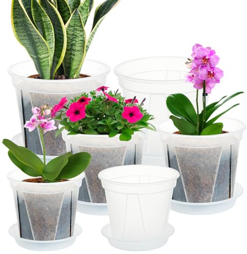 IWTTWY 6 Pcs Plastic Plant Pots, 12/15/18cm Thicken Flower Pot with Drainage Holes and Saucers, Seed Seedling Pots for Indoor Outdoor, Root-Control Nursery Pots for Orchid, Penoy, Rose (Clear)