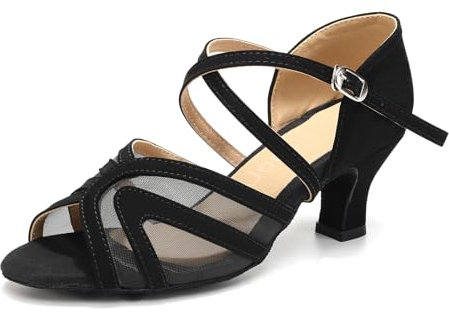 Uonpie Damen Tanzschuhe Latein Leder Bequem Schwarz mit 5cm Absatz Offen Tanzschuhe,38EU