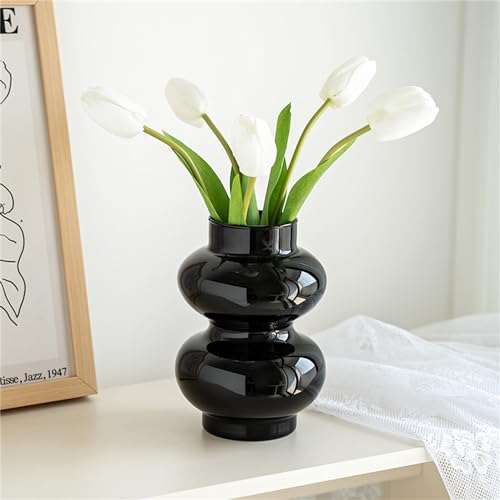 JSPYFITS Vase à fleurs hydroponique en verre à 2 bulles, style bohème moderne, unique, décoration d’intérieur, 18 cm, noir