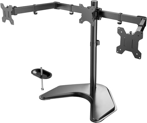 JUSTOP Triple Monitor Arm Stand, Desk Mount, Freestanding PC Screen Riser For 17-27 Inch LCD LED Screens, 360 Degree Rotation, Adjustable Height, Swivel and Tilt, 100 x 100 VESA