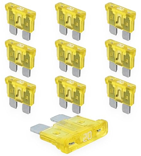 Tecside 20A KFZ Sicherungen | 12V 24V 32V | 10 Stück | Stecksicherungen für Stromdieb & Sicherungshalter | 19mm Flachsicherungen für Auto, Boot, Motorrad, Wohnmobil & Roller | Ersatzsicherungen