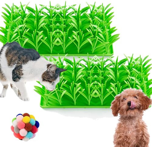Silicone Grass Mat for Cats, Tapis d'herbes en Silicone pour Chats, Tapis à Priser pour Chats, Tapis Herbes à Chat pour Chats d'intérieu, Tapis Nourriture pour Chat mangeoire Lente (2 Unites)