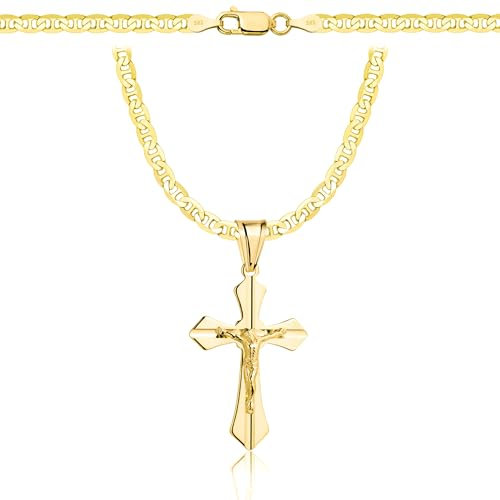 AMAR OPRAVA Gold Damen/Herren Kette mit einem 925/585 Kreuz, original geflochten, Breite 3,8 mm, Goldkette- Halskette Herren Damen Eleganz Schmuck 50 cm