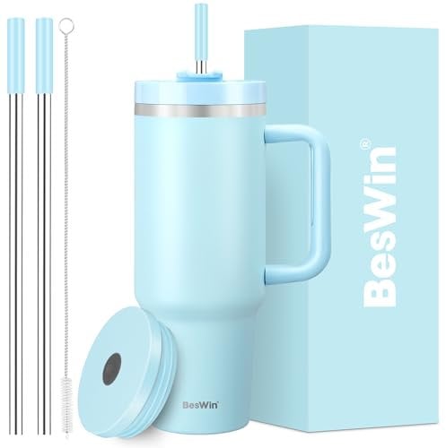 40 oz Tumbler with Handle and Straw, 2 Lids (2 in 1 & Leakproof Lid) - Vacuum Insulated Stainless Steel Double Wall Water Bottle Travel Mug - Holiday Gifts for Women Men - Sky Blue