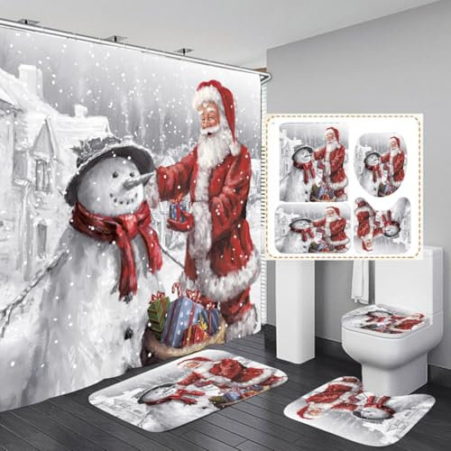 KUWUNG 4 Pcs Christmas Bathroom Set with Non-Slip Rugs, Toilet Lid Cover, Bath Mat and Xmas Shower Curtain with 12 Hooks for Bathroom Christmas Decoration