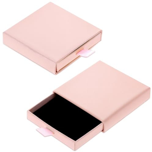 Piriuuo 2 Stück Schmuck Geschenkbox, 8 * 8 * 1,7 cm Papier-Schmuck-Display Kleine Geschenkboxen Ausziehbare Quadratische Aufbewahrungsbox für Armbänder, Ohrringe, Halsketten, Schmuckgeschenke(Rosa)