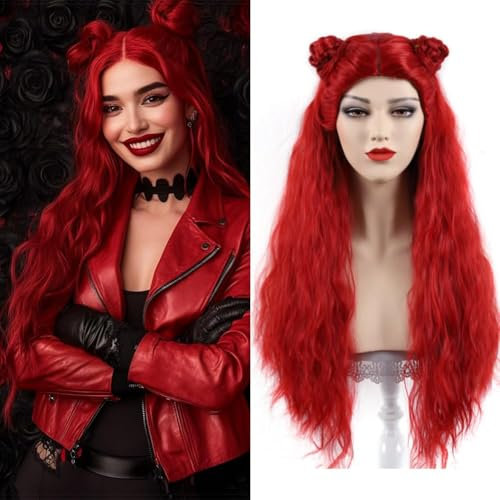 PORSMEER Rote Perücke Lange gewellte Rote Hitzebeständige Synthetische Perücke mit geflochtenem Dutt für Cosplay Rot Halloween Kostüm Karneval