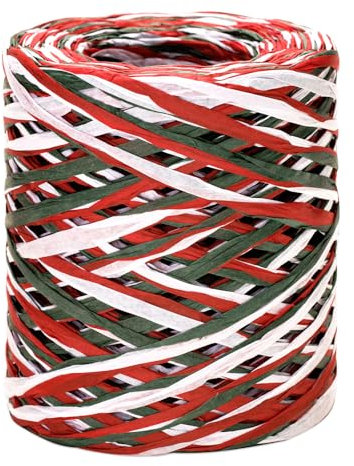 jijAcraft 160m Rot-Grün-Weiß Raffiabast Papierband, Weihnachts Papier Bastband, Bast Raffia Natur Papier Packschnur für Geschenkverpackung, Weben, Dekoration und Gärtnern