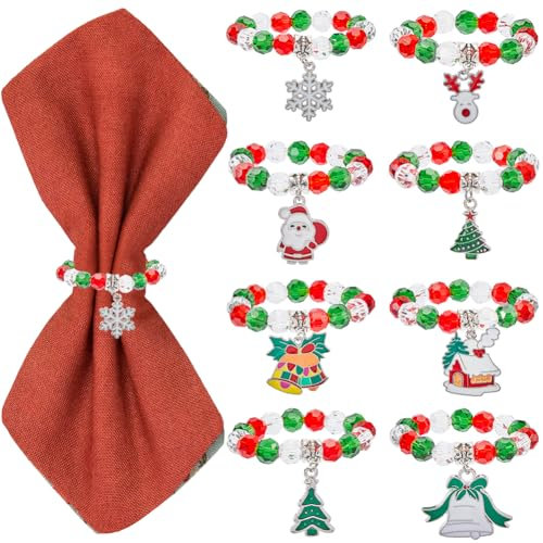 SUNNYCLUE 8 Set Weihnachtsserviettenring Sets Festliche Serviettenringe Rot Grün Mit Perlen Besetzter Serviettenring Weihnachtsbaum Weihnachtsmann Rentier Stoffserviettenringe Für Weihnachtsfeiertagsp