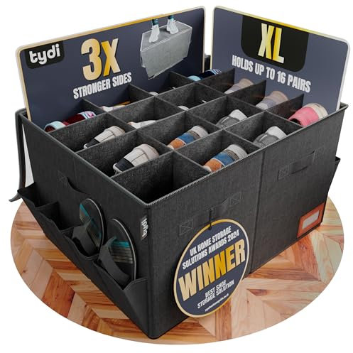 Tydi Shoe Storage Box (3 Pack) - Ultra Stiff Shoe Organiser with Clear Zip-Seal Cover, Tag Insert & 16 Compartments - Shoe Box - Shoe Storage Organiser - Space Saver - Black