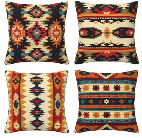HOSTECCO Tribal Kissenbezug 50x50 4er Set Azteken Ethno Kissenbezüge Western Dekokissen Kissenbezüge für Sofa Couch