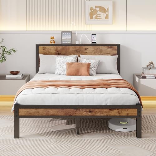 Diahomy Double Bed Frames with Charging Station Metal Platform Bed Frame Double with Wood Headboard/No Box Spring Needed/Brown