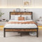Diahomy Double Bed Frames with Charging Station Metal Platform Bed Frame Double with Wood Headboard/No Box Spring Needed/Brown