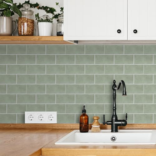 Funlife Verde salvia, piastrelle adesive da cucina, autoadesive, per il bagno, piastrelle da cucina, verdi, acqua e olio, per cucina, bagno, 16 pezzi
