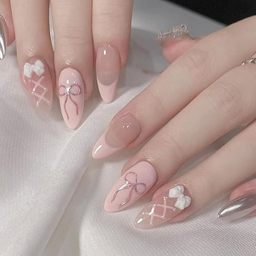 24STK Press on Nails Kurz French Künstliche Nägel Glitzer Gold Rosa Fingernägel zum Aufkleben Schleife Mutter Fake Nails Klebe Nägel Set Acrylnagelspitzen Damen Nagel Zubehör