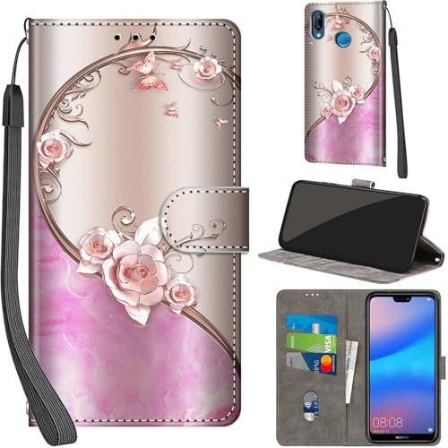 Handyhülle für Huawei P20 Lite Hüllen Premium Leder Case Klappbar Wallet Magnet Kartenfach Standfunktion Schutzhülle kompatibel mit Huawei P20 Lite Cover,Rose