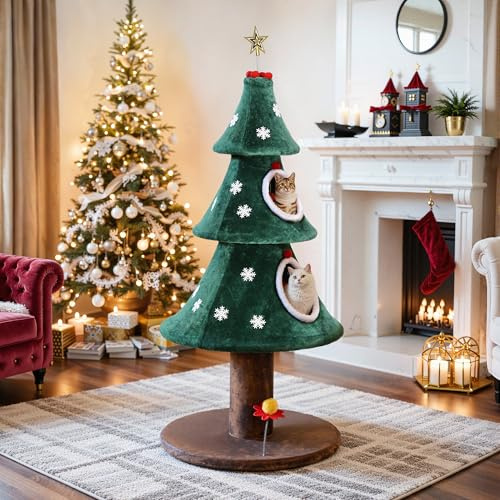YITAHOME Tiragraffi di Natale, 132 cm, con casetta a doppio strato, torre di gatto, giocattolo per gatti, adatto per gatti di casa, decorazioni natalizie, mobili per gatti