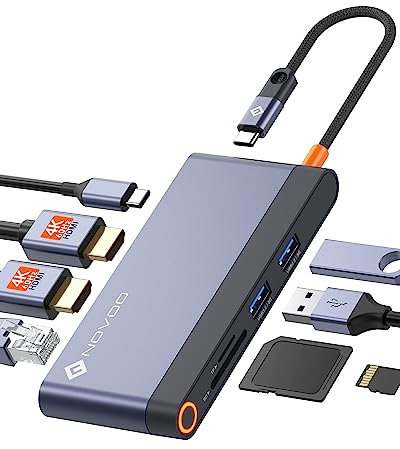 NOVOO 8 in 1 Docking Station, USB C Hub Multiport Adapter with 2 HDMI 4K 60Hz, 1Gbps Ethernet, 100W PD, 2 USB 3.2, SD TF Card Reader, Dual Monitor Laptop Compatible with MacBook/Dell/HP/Lenovo