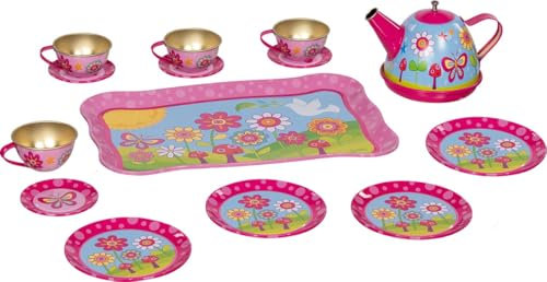 goki 51441 – Teeservice Funky Flowers aus Blech für Kinder – 14-teiliges Spielgeschirr mit Tablett, Teekanne, Tassen und Untertassen im farbenfrohen Design