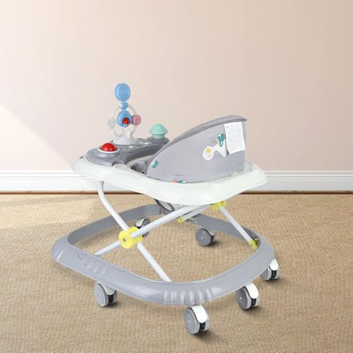 Trotteur Bébé 4-en-1 Gris avec fonction pousseur, Marchette Evolutif Bébé avec Boîte à Musique et Lumières, Coussin de Siège Lavable pour Enfants de 6 à 18 Mois Jusqu'à 12 KG-67 * 72 * 92cm- Gris (B)