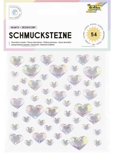 folia 12313 - Schmucksteine HEARTS IRIDESCENT, 54 herzförmige Glitzersteine in irisierend-schillernd, Aufkleber in 3 Größen, selbstklebend, zum Verzieren und Dekorieren