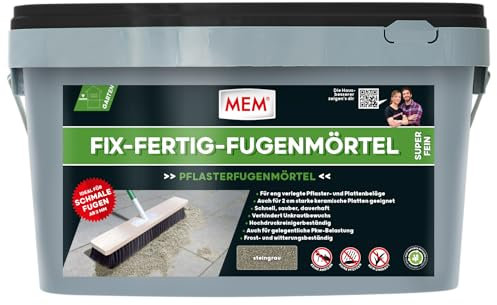 MEM Fix-Fertig-Fugenmörtel Fein Steingrau – 20 kg – Gebrauchsfertiger Pflasterfugenmörtel für enge Fugen ab 3 mm – Frost- & Wetterbeständig – Für Naturstein, Beton, Klinker & Keramik