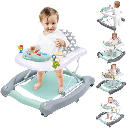 5 in 1 Baby Lauflernhilfe, Lauflernwagen Klappbar mit Höhenverstellbar und Geschwindigkeit, Abnehmbare Trampolinmatte, Babywippe mit Spielecenter, Esstisch Laufstuhl, Baby Walker ab 6 Monaten, Blau