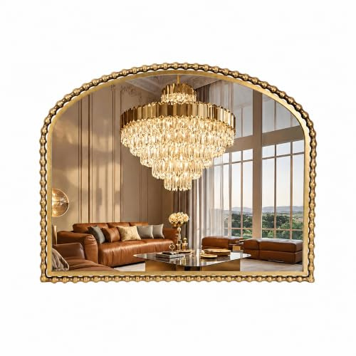 CAVINHOME Breiter gewölbter Badezimmerspiegel im Vintage-Stil, 91,4 x 71,1 cm, antiker goldfarbener Perlenspiegel, auffälliges Muster, große kunstvolle dekorative Wandspiegel für Schlafzimmer