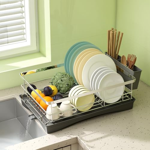 Levede Dish Drainer Rack – Space-Saving Dish Drainer with Drainboard for Small Kitchens, 360° Rotating Drain Spout, Cutlery Holder, Stainless Steel, Rustproof