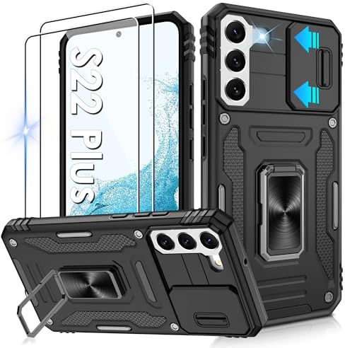 Jshru Handyhülle für Samsung Galaxy S22 Plus Hülle Kameraschutz Slide mit 2 STK Schutzfolie Militär Stoßfest Sturzsichere Schutzhülle 360° Metall Ring Ständer Case für Galaxy S22 Plus,Schwarz