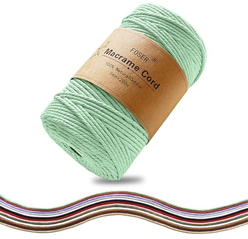 FOSER Premium Makramee Garn 3mm×200m, Baumwollgarn Baumwollkordel, für DIY Deko Handwerk Boho wanddeko (Olivgrün)