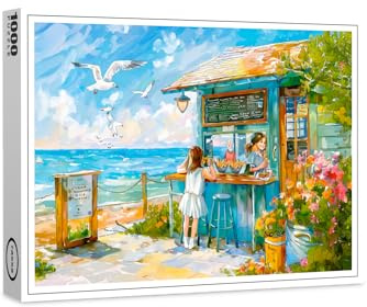 raxxa Premium-Puzzle | Girl Buying Sandwitch and Water Bottle at Beach Snacks Watercolor | 1000 Teile