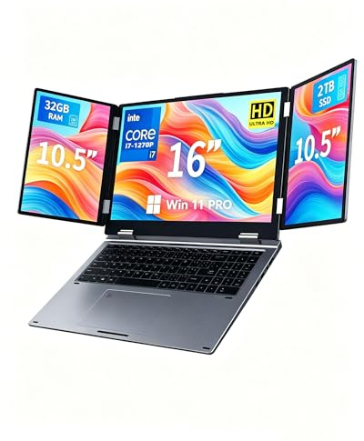 KOOFORWAY Laptop mit 3 Bildschirmen,16 Hauptdisplay+2x10,5,Core i7-1270P | 32GB RAM,2TB SSD,Win 11 Pro,Wi-Fi 5,BT 5.0, Gesicht/Fingerabdruck,Deutsches QWERTZ-Layout,USB-C