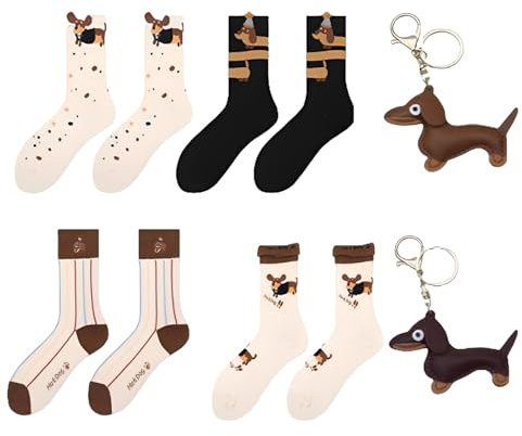 6-teiliges Set Mit Dackel Socken Und Dackel Schlüsselanhänger, 4 Paar Socken in Verschiedenen Designs, 2 Schlüsselanhänger in Dunkelbraun Und Hellbraun, Größe Damen 39-42