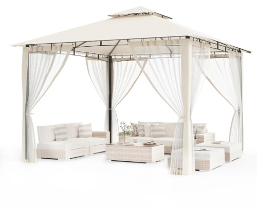 Amopatio 3.4x3.4M Garten Pavillon Wasserdicht Stabil Winterfest, Doppeldach Gartenpavillon mit Moskitonetz, Deluxe Patio Gazebo Wetterfest, Partyzelt Gartenlaube Metall für Pool Seite, Terrasse, Beige