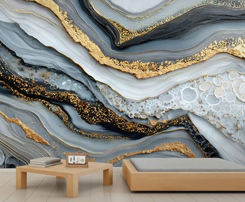 YEMYOR 3D Marble Mural Wallpaper Grey White Marble Wallpaper for Living Room Bedroom Abstract Golden Wavy Lines Wall Mural for Kitchen Restaurant Office-100x100cm