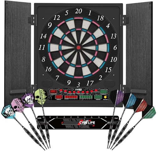 CyeeLife Elektronische Dartscheibe mit Holzschrank,Dartautomat elektronisch,Dartscheibe mit 34 Spielen und 355 Varianten, 8-Spieler-Modus, LED-Display,Deutsche Stimme (Schwarz-2, Standard)