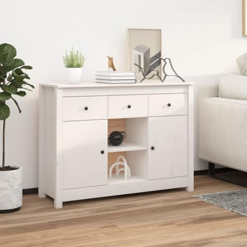 RMIHSJG Buffet en bois massif de pin blanc 100 x 35 x 74,5 cm avec 3 tiroirs et 6 compartiments pour espace de rangement, plateau supérieur stable et porte pratique, meuble de salon rustique