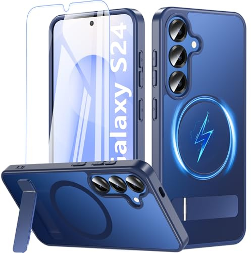 für Samsung Galaxy S24 Hülle mit Ständer+Panzerglas-Magnetische Handyhülle,TOP Militärschutz S24 Case mit Flachständer für MagSafe,Stoßfest Kratzfest Schutzhülle Galaxy S24 mit Kameraschutz-Blau