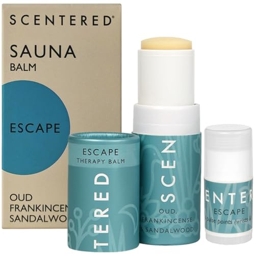 Scentered Sauna Balm Duo – Escape Essential Oils Blend with Frankincense, Sandalwood & Oud – Aromatherapy Balm Stick for Sauna Rituals – Sauna & Steam Room Accessories Set – Sauna Gifts