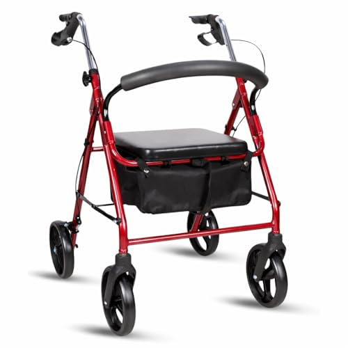 Andador para Ancianos con Asiento MA01, MARCA ESPAÑOLA - Plegable, Ligero y Regulable, Caminador para Personas Mayores con Cesta, RUEDAS DE 8 PULGADAS, ACERO, COLOR GRANATE