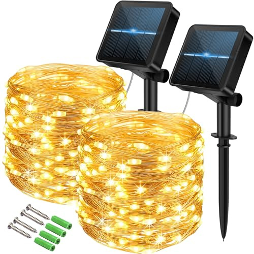 120LED Solar Fairy Lights, 2 Packs 12M Solar Lights Outdoor Garden，8 Modes Waterproof Copper Wire String Lights for Wedding Garden Party(Warm White)