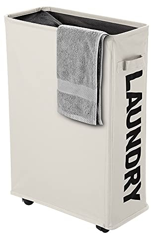 IHOMAGIC Panier à Linge Pliable avec 4 Roues, Corbeilles à Linge Mince et Pliant Bac à Linge Collecteur de Buanderie Petite Poignée pour Transporter et Ranger vêtements 35L ou Jouet, Beige