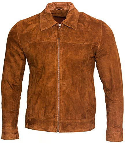 Men's Retro Tan 100% Goat Suede Leather Harrington Biker Jacket L