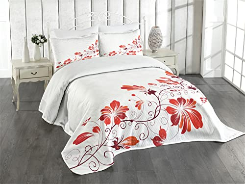 ABAKUHAUS Chinesisch Tagesdecke Set, Floral Petal Ornaments, Set mit Kissenbezügen Moderne Designs, für Doppelbetten 264 x 220 cm, Weiß Rot
