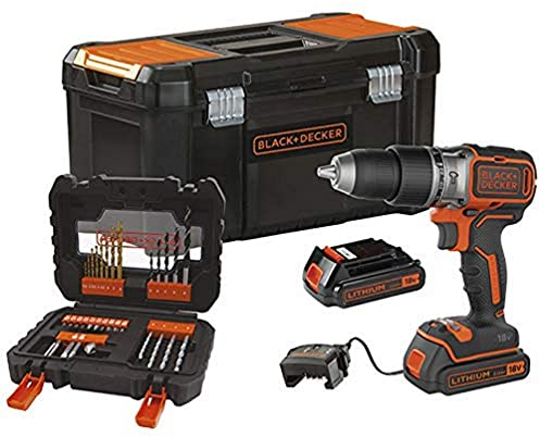 Black+Decker BL188D2KA31-QW Schlagbohrmaschine, kabellos, 18 V-2 Ah-52 Nm-1650 U/min-28 050 CPS/Min-2 Akkus, 31 Zubehör, in Werkzeugkasten