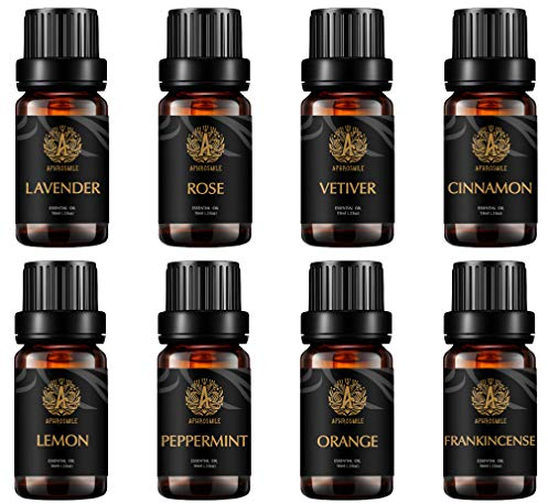 Set di oli profumati al 100%, oli essenziali per aromaterapia, umidificatore, massaggi, menta piperita, rosa, vetiver, lavanda, incenso, arancia, limone, cannella, oli essenziali, 8 x 10 ml