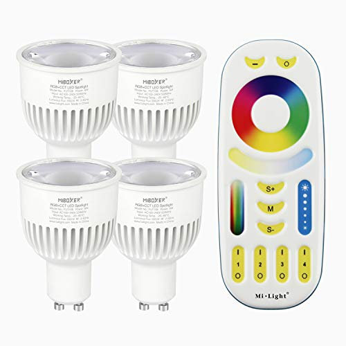 lighteu®, 4x 6W GU10 RGB + CCT LED-Strahler Farbwechsel und CCT WW CW Temperatur einstellbar, original Mi-Light, Glühlampe mit 4-Zonen-Fernbedienung (4x FUT106 + FUT092)