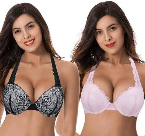 Curve Muse - Taglie Forti Donna Aggiungere 1 Tazza e Mezza Reggiseni Push up Convertibili con Ferretto-Confezione da 2-Nero,Rosa-2B-V2